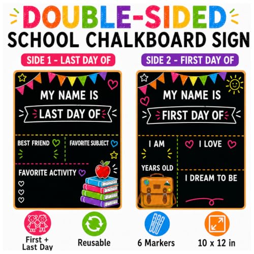 ChunRun Double-Sided First & Last Day of School Chalkboard Sign 10x12 Black Wooden Reusable Kids
