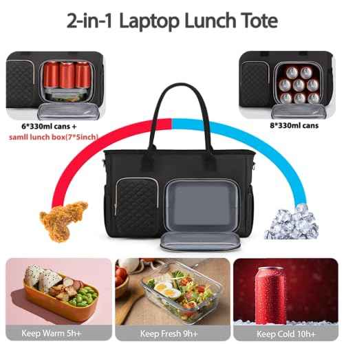 Women Laptop Tote Bag with Insulated Lunch Compartment,15.6'' Teacher Work Computer Bag,Large Water-Resistant Messenger Shoulder Bag with Multi Pockets for Office/College/Travel-Black