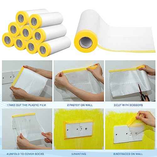 Seajan 18 Roll Painters Plastic with Tape Pre Taped Masking Film for Painting Automotive Paint Adhesive Protective Film Masking Tape Roll Plastic Painting Covering (White,5 x 65 Ft)