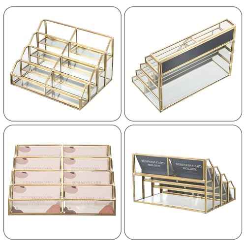 Hipiwe Mirrored Glass Business Card Holder Gold Business Card Display Stand for Desk Multiple Clear Business Card Holder Display for Office Desktop Cards Display Stand for Women Men, 8 Slots