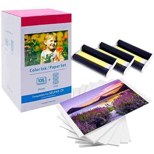 COLORTY Compatible with Canon Selphy CP1300 CP1500 Ink and Paper, KP-108IN 3 Color Ink Cartridges, 108 Sheets 4 x 6 Paper Glossy, Compatible with Canon Selphy CP1200 CP1000 CP910 CP900 CP810