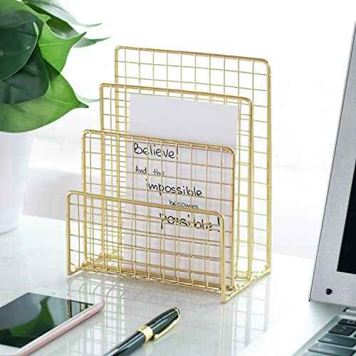 3 Slots Letter Holder, Metal Multifunctional File Holder for Mails, Books, Brochures and Postcards, Desktop Office Organizer Decoration, 5.6¡± x 3.7¡± x 7.0¡±, Gold