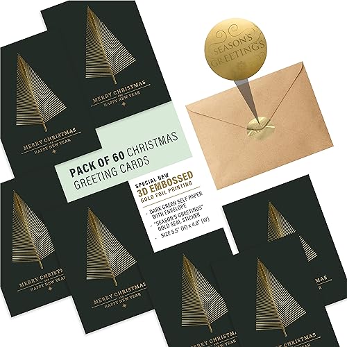easykart labels 60 Gold Foil Christmas Greeting Cards with Envelopes | Dark Green Col & Embossing on Christmas Tree | 5.75 x 4.25 Inch Merry Christmas Cards with Seal Stickers For Friends , Family and loved Ones