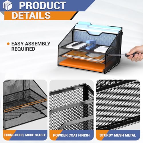 Gawerk Black Desk File Organizer with 5 Compartments - Office Paper Tray