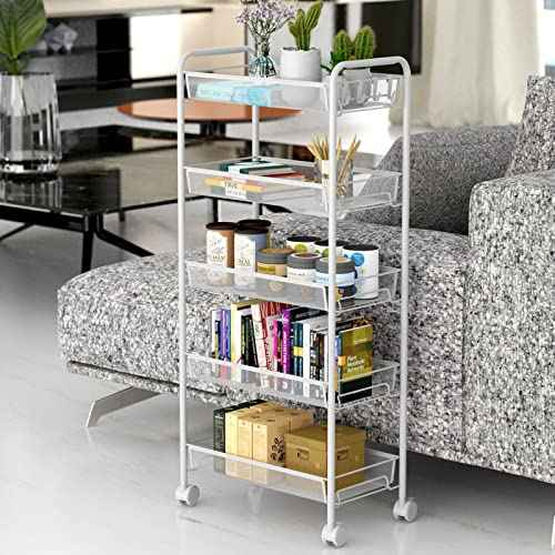 JANE EYRE 5-Tier Rolling Utility Storage Rack Cart on Wheels, Trolley Craft cart, Multi-Purpose Organizer Shelf, White