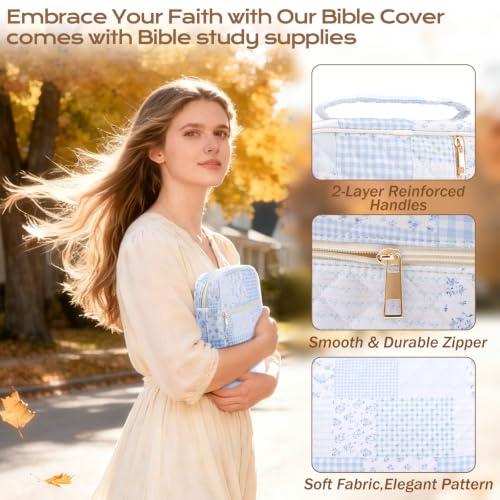 Blue Patchwork Bible Cover Case for Women with Study Supplies - XKDOUS