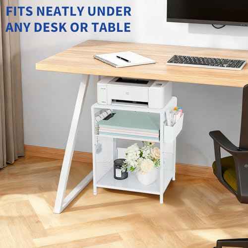 White Printer Stand with Storage Shelf, Small 3-Tier Height Adjustable Printer Table, Industrial Under Desk Printer Stand with Basket & 3 Hooks for Home Office Fax Machine Scanner Files