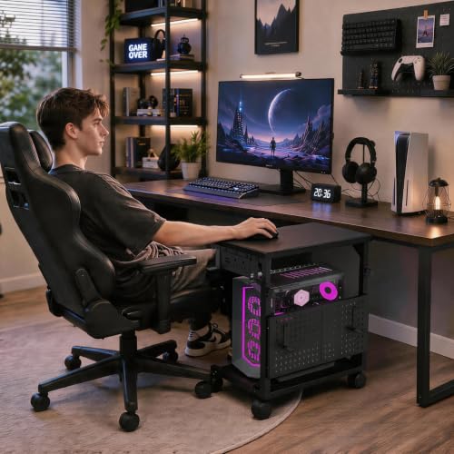TFK Adjustable Computer Tower Stand with Charging Station & Pegboard - Medium / Black
