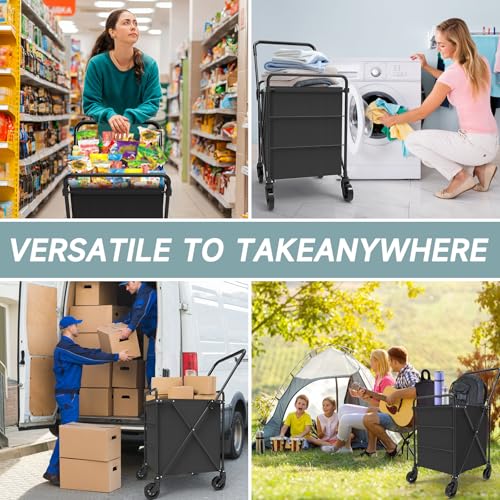 Folding Shopping Cart for Groceries, Grocery Cart on Wheels, 360¡ÆRolling Swivel Wheels Portable Heavy Duty Utility Cart for Shopping, Grocery, Laundry (X-Large)