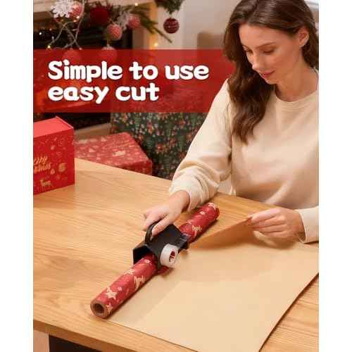 2 Pack Wrapping Paper Cutter & Tape Dispenser Dual Use, Gift Wrap Cutter Tool for Rolls Paper with 4 Tapes & 2 Replace Blades Kit for Christmas Birthday, Easy Cut for Present Wrapping