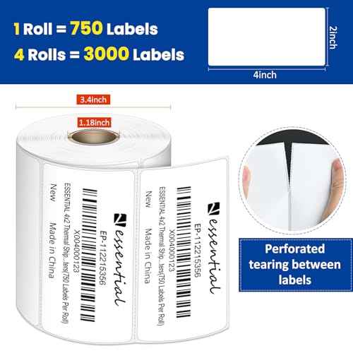 4"X2" Direct Thermal Barcode Labels, Shipping Labels, 750 Tags of Roll, Compatible with Zebra Printers (4 Roll-3000 Tags)