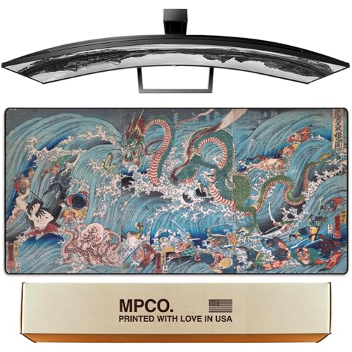 MPCO. Ukiyo-E Large Gaming Desk Pad - 36" x 17" Aeroglyde Fabric Dragon King Desk Mats - Washable, Smooth Glide for Precision Gaming & Work