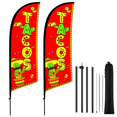 2 Set Tacos Feather Flag Kit, 8ft Advertising Swooper Flag Banner with Pole and Ground Stake for Business Restaurant Advertising Banner for Outside Ground