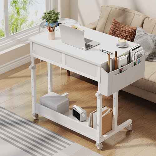 Small White Portable Rolling Standing Desk with Wheels, 32 Inch Adjustable Mobile Stand up Teacher Desks with 2 Fabric Drawers, Couch Sofa Side Laptop Table with Storage for Bedroom Home Office