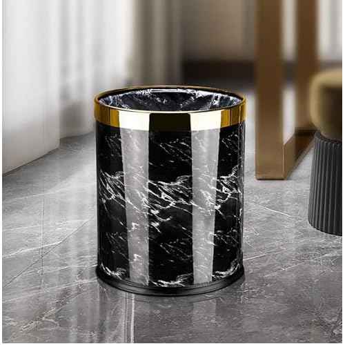 Luxury Metal Waste Bin with Leather Cover,Open Top Office Wastebasket,Double Layer Trash Can,Round Shaped (Black Marble w/ Gold Ring)