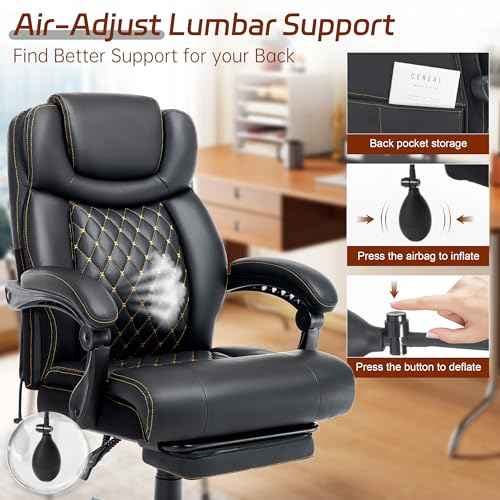600LBS Big and Tall Office Chair for Heavy People, Reclining Executive Office Chairs with Foot Rest&Air-Adjust Lumbar Support, PU Ergonomic High Back Computer Chair Double Space Casters,Black