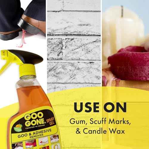 Goo Gone Adhesive Remover Spray Gel ? Safe Glue and Sticker Remover for Labels, Tape Residue, Grease, Tar, Gum, Crayons, Candle Wax, Tree Sap, & Makeup on Hard Surfaces, Carpets, and Fabrics, 12 oz