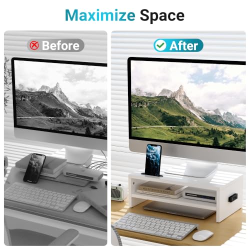 White 16.5 Inch Wooden Monitor Stand Riser for Desk, 2-Tier Organizer