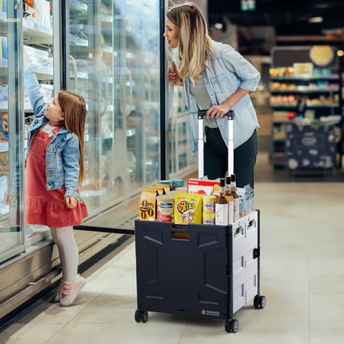 Folding Utility Cart with Lid, 60L Collapsible Rolling Crate, 165LBS Heavy Duty Foldable Shopping Cart, Portable Rolling Utility Crate with Wheels for Groceries, Tools, Office, Teachers, Storage,Black