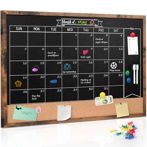 Board2by Monthly Chalkboard Calendar & Cork Board Combo, 24" x 36", Magnetic, Wall Mounted, Blackboard for Office, Kitchen, School, Home