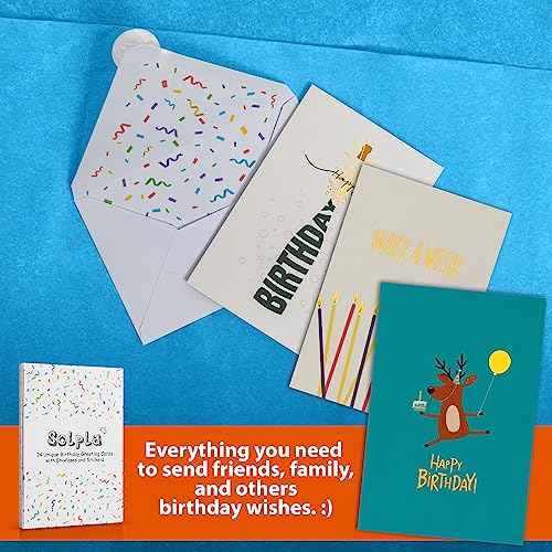 24 Pack Unique Gold Foil Birthday Cards with Envelopes & Stickers | 4x6 Inches Blank Happy Birthday Cards Assortment in Bulk for Family, Kids, Friends, Work & Office Celebrations.