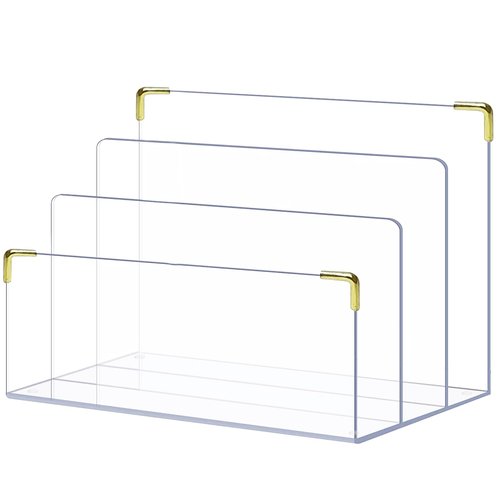 pbf Acrylic File Holder | Clear File Organizer for Desk w/Gold Accents | Acrylic Desk Organizer, Folder Holder, Mail Sorter, File Stand, Magazine Divider, Laptop, Notebook, & Letter Organizer