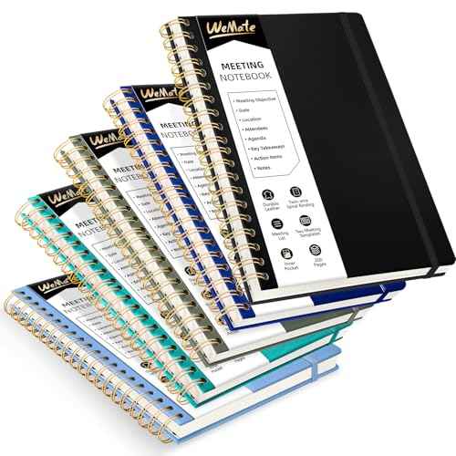 WEMATE 5 Pack Meeting Notebooks for Work£¨7"x10"£© 200 Pages, PU Leather Notebook with Action Items & Note, For Staff & Students, Meeting, Projects Planning- Black, Blue, Green, Olive Green, Dark Blue