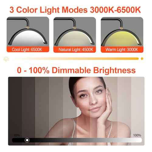 Half Moon Desk Light with Clamp, Touch Lash Lamp Nail Desk Light, Led Tattoo Light for Desk with Phone Holder, Adjustable 3 Color Lights for Lash Tech,Makeup,Photography,Reading,Work,Office (Black)