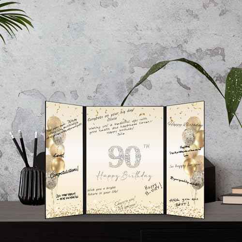 DARUNAXY Black Gold 90th Birthday Party Decorations, Happy 90th Birthday Alternative Signature Guest Book for Men Women Cheers to 90 Years Old Gifts 90 Birthday Signing Card Board Party Supplies