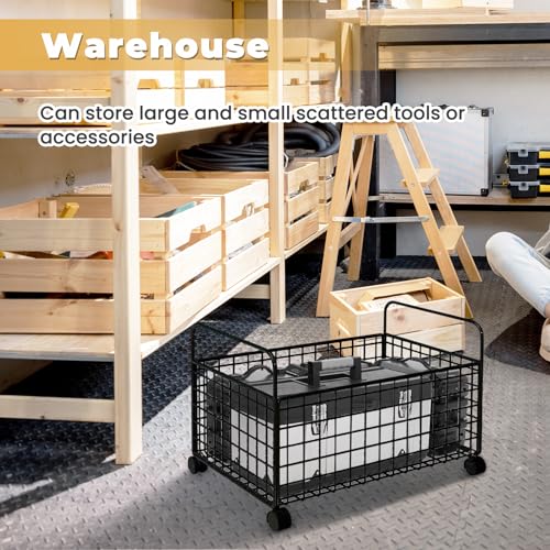 Under Desk Storage Cart with Lockable Wheels - Mobile Mesh Utility Cart, Black (Medium)