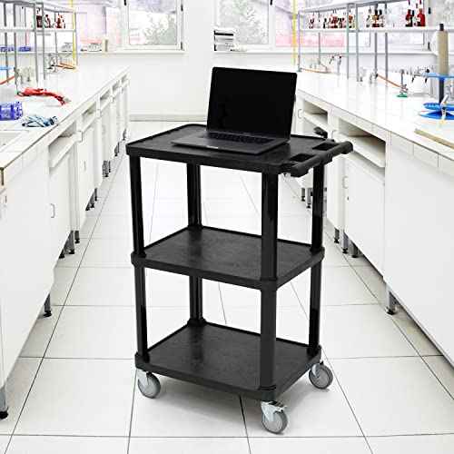 Pearington 3-Tier Compact Multi-Purpose Plastic Utility Cart with Lockable Wheels up to 300LBS, Black