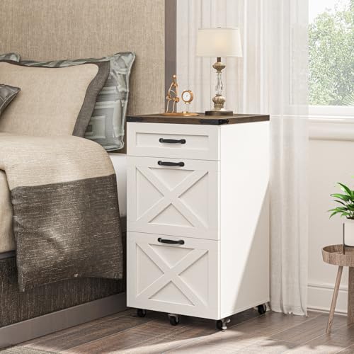 Halitaa 3-Drawer Farmhouse File Cabinet on Wheels - Rustic White, Includes Locking Casters
