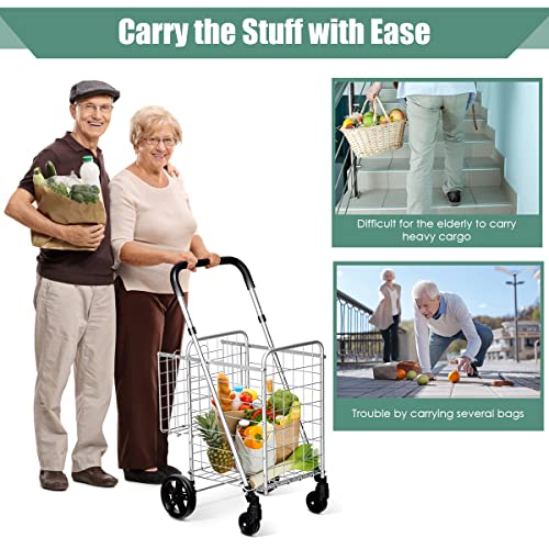Byroce Utility Folding Shopping Cart, Lightweight Trolley with Handle, Large Grocery Utility Cart with Swiveling Wheels and Dual Storage Baskets, Ideal for Laundry Book Luggage Travel (Silver)