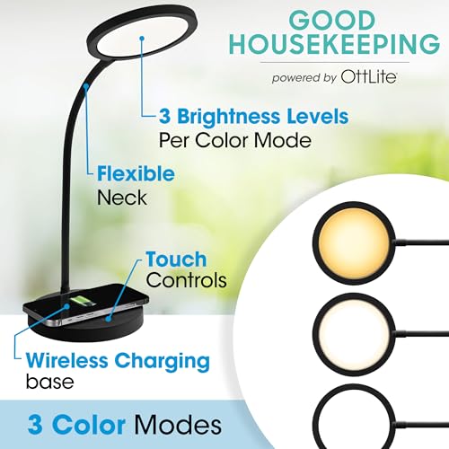 OttLite Good Housekeeping Circular LED Desk Lamp with Wireless Charging - Designed to Reduce Eyestrain - Adjustable Neck, 3 Color Modes - Crafting, Office Work, Reading & Studying