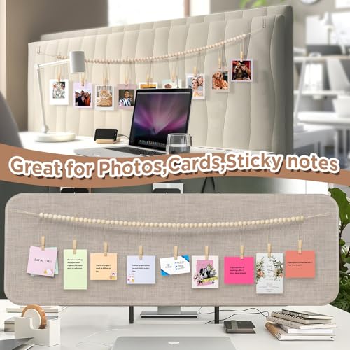 Office Cubicle Photo Display with 9 Wooden Clips & Fabric Hooks - Boho Desk Decor
