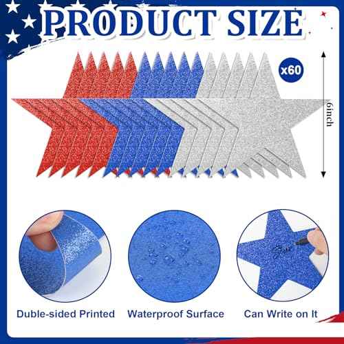 60 Pcs Patriotic Star Cutouts Double Printed Paper Star Confetti Cutouts for 4th of July Decoration Bulletin Board Classroom Wall Decoration,6 Inches (Red, Blue, Silver)