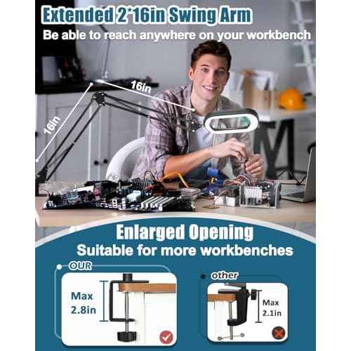 10X Rectangle Magnifying Glass with Light and stand, 2*16 Inch Swivel Arm LED Lighted Clamp Desk Lamp, 5 Color Modes Stepless Dimmable, Large Magnifier with Light for Reading Painting Craft Close Work