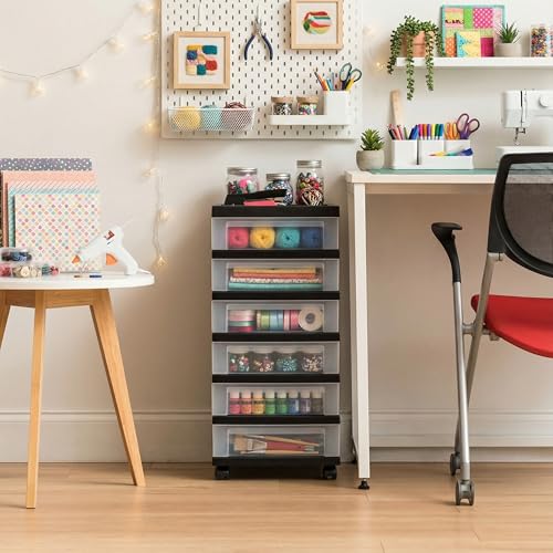IRIS USA 6-Drawer Rolling Storage Cart - Black/Clear, Removable Wheels