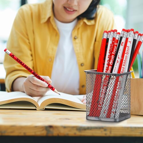 Tenceur 240 Pcs Red Ribbon Week Pencils Bulk Red Ribbon Awareness Month Supplies 12 Designs Drug Free Pencils with Erasers for Teacher Office Supplies Volunteer Fundraising Charity Activity