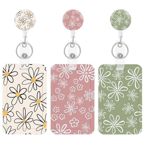 COOKOOKY Flowers Badge Holder Set with Retractable Reel - 3 Pack ID Card Holders for Work, Nurses, Teachers, Students, Women & Men - Variation Flowers#01