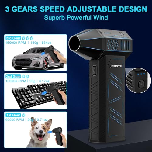 16-in-1 Compressed Air Duster - 150000RPM Electric Air Duster, Cordless Rechargeable High-Speed Air Blower, 3 Gear Adjustable Jet Dry Blower for Keyboard, PC, Car, Air Bed and Home Cleaning