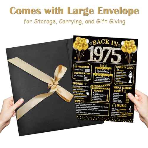 Large 50th Birthday Card With Envelope, Black Gold Happy 50th Birthday Giant Guest Book Gifts for Men Women, Giant Fifty Bday Card Gifts Party Supplies, The Year 1975 Jumbo 50 Bday Card
