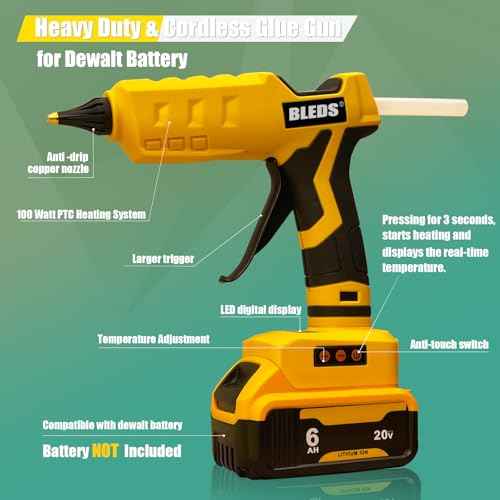 BLEDS 100W Cordless Glue Gun for Dewalt 20V Battery, LED Digital Temperature Adjustable 212-392¡ÆF, High Output Handheld Power Full Size Heavy Duty Hot Glue Gun with 10 Glue Sticks, Tool only