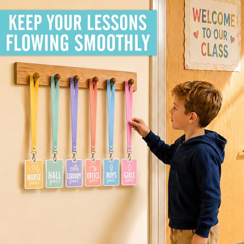 Pastel Classroom Hall Passes - 6 Durable Wooden Student Bathroom Pass Lanyard Set