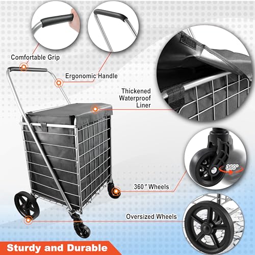 Wellmax WM99024S Grocery Utility Shopping Cart, Easily Collapsible and Portable to Save Space and Heavy Duty, Light Weight Trolley with Rolling Swivel Wheels
