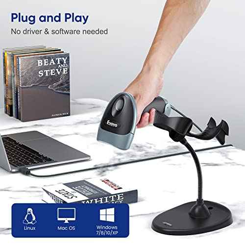 Eyoyo Handheld 2D Barcode Scanner with Gooseneck Stand, Automatic USB Wired QR Code Scanner Bar Code Reader Support Screen Scanning for PC POS System Library Store Supermarket Check-Out, Inventory
