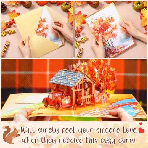 Teling 3D Fall Thanksgiving Pop up Card Thank You Greeting Card with Envelope Hello Autumn 9" x 6.3" Cover Handcrafted Cozy Autumn Farmhouse with Maple Tree Pumpkin Squirrel Thinking of You Gift