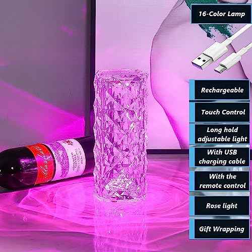 Portable Crystal Table Lamp, 16-Color Touch Control Rechargeable Night Light, Bedside Desk Lamp for Bedroom, Living Room, Kitchen & Dining Room (16-Color Rose)