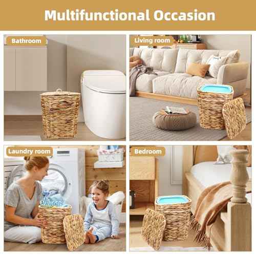 3 Gallons Wicker Waste Basket Can with Lid & Liner, Handwoven Wastebasket Wastepaper Basket with 60Pcs Bag, Wicker Trash Garbage Rubbish Can Bin Basket for Bedroom Bathroom Kitchen Office