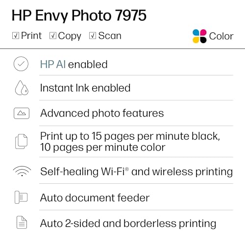 HP Envy Photo 7975 Wireless Color Inkjet Photo Printer - New Version, AI-Enabled, Home Use